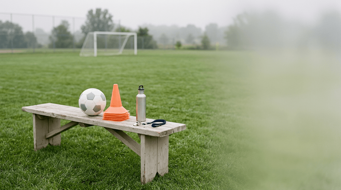 A weathered bench on a misty rec field holding a soccer ball, a stack of orange cones, a water bottle and a whistle on a lanyard
