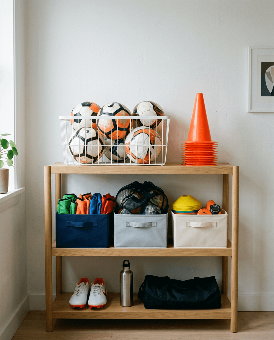A tidy wooden shelf at home holding a wire basket of soccer balls, a stack of orange cones, bins of practice bibs, a mesh ball bag, cleats, a water bottle and a duffel bag