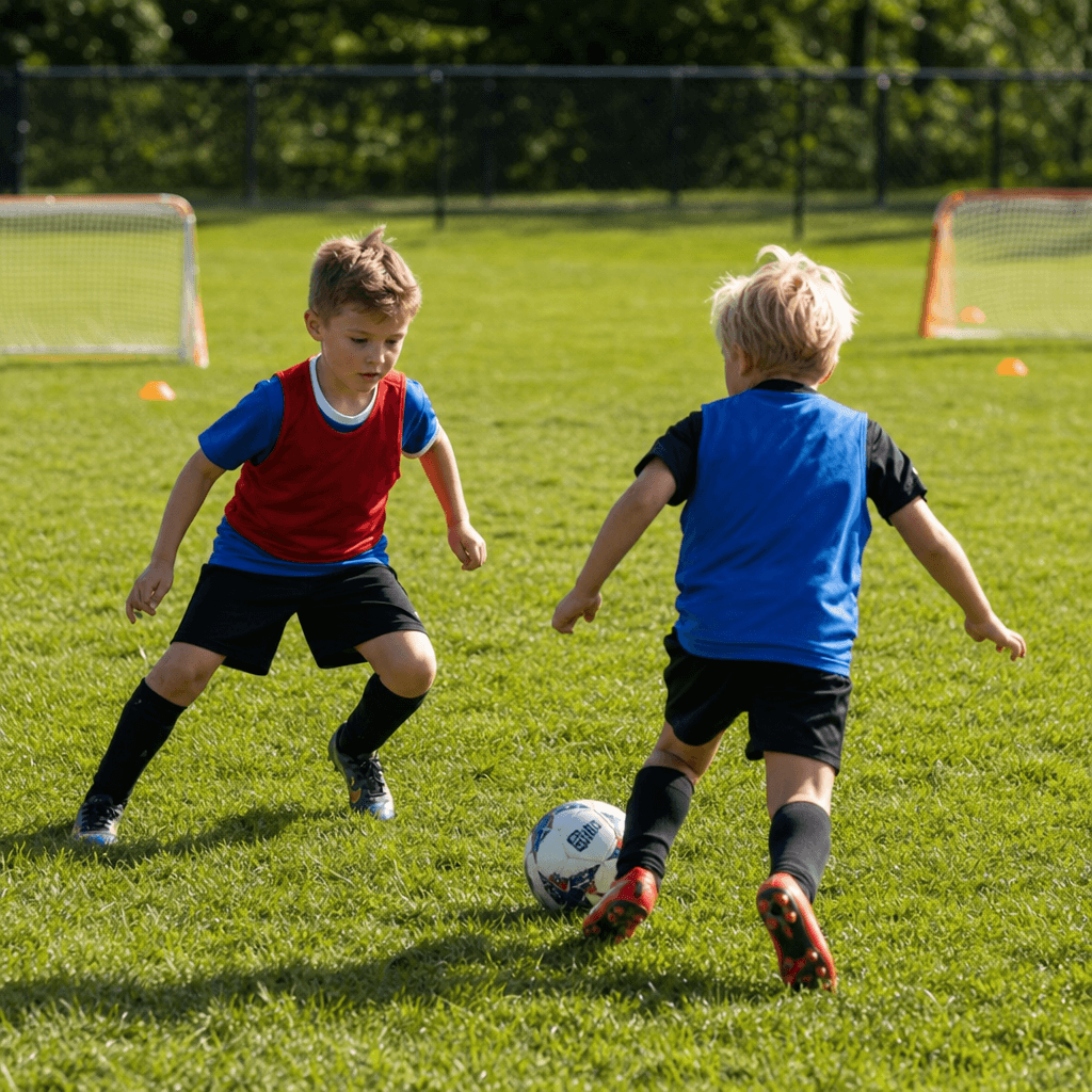 Two young children, one in a red bib and one in blue, play one against one between two small goals