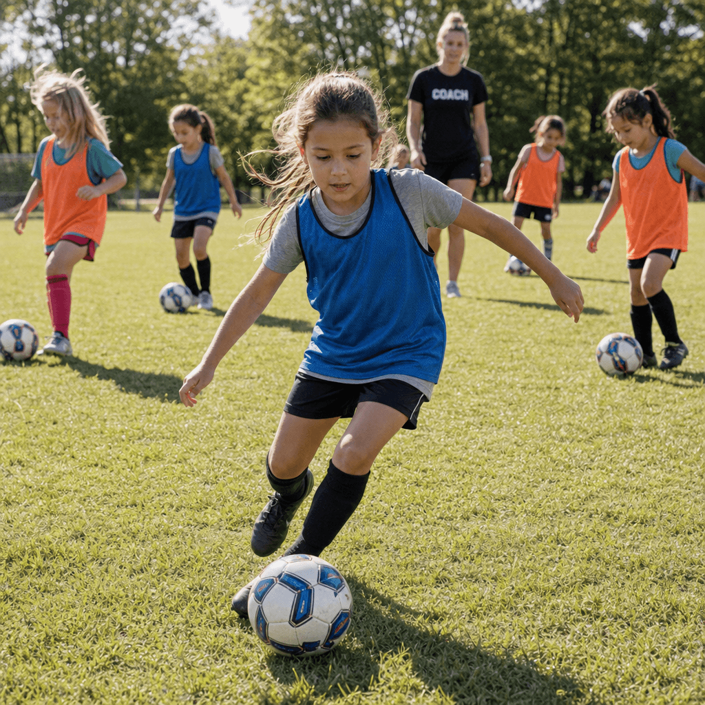 A girl in a blue bib dribbles a soccer ball at her feet while other children each practise with their own ball behind her