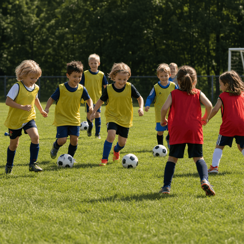 A line of children in yellow bibs dribble soccer balls past two children in red bibs on a grass field