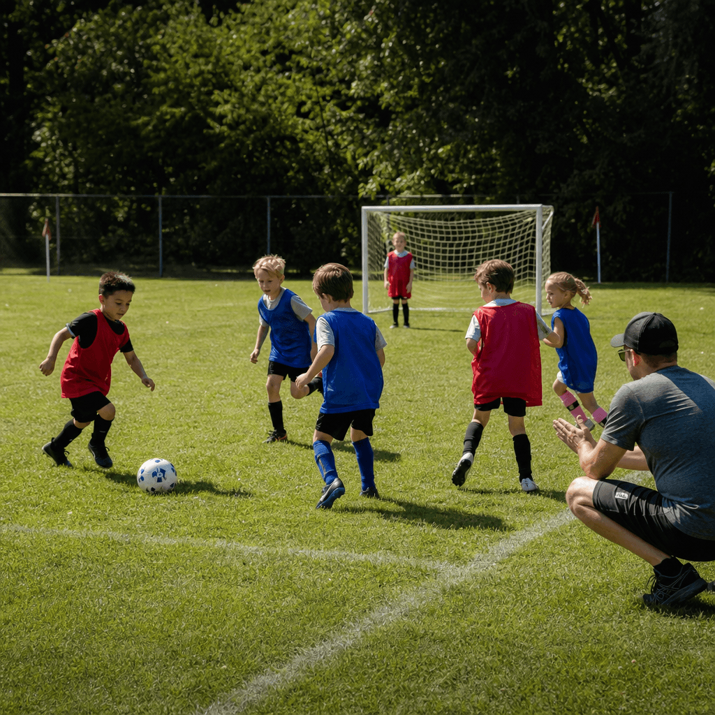Six children in red and blue bibs play a small game on a grass field while a coach crouches on the sideline